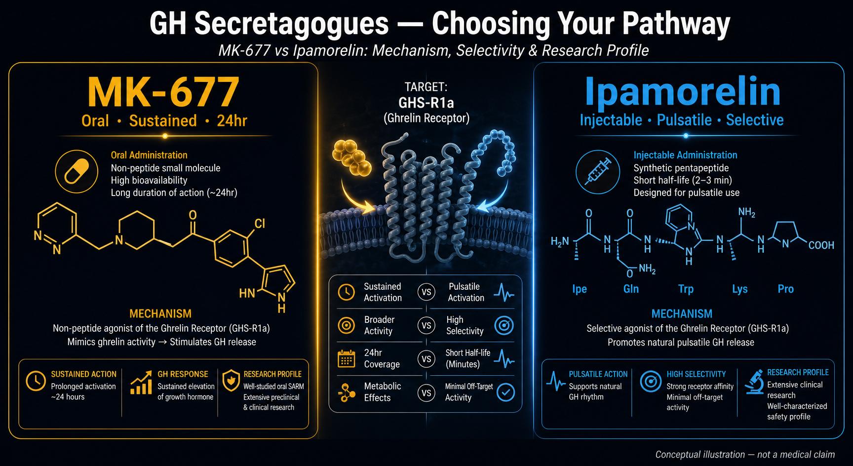 ipamorelin mechanism selective ghrp effects on cortisol and prolactin effect IPAMORELIN vs GHRP-2: Selectivity vs Potency Both stimulate growth hormone release but through different mechanisms. IPAMORELIN: Pentapeptide sequence ghrelin mimetic Targets GH1a receptor MK-677 vs Ipamorelin: Which GH